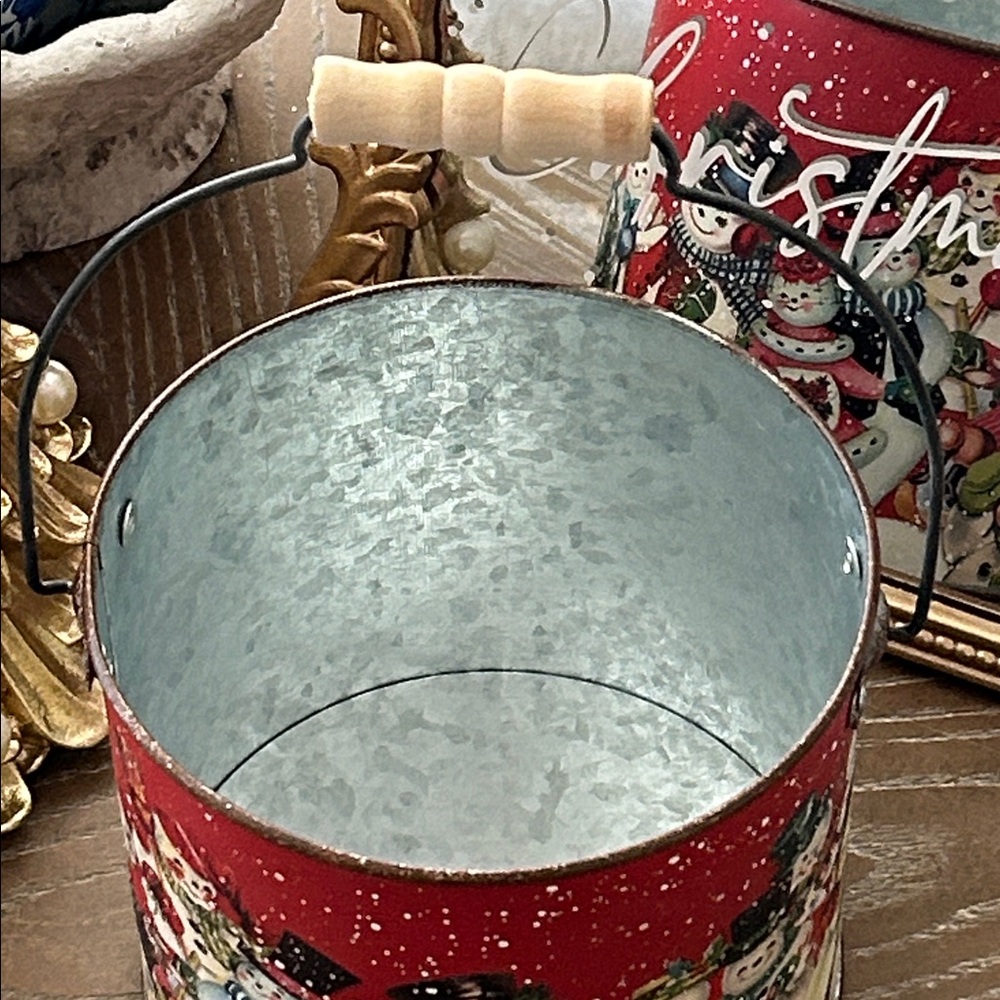 NEW! Vintage Inspired Retro Winter Snowman Metal Christmas Holiday Bucket Basket - Picture 4 of 6